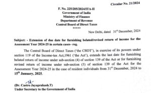 Extension of Deadline for Filing Belated and Revised Income Tax Returns for AY 2024-25